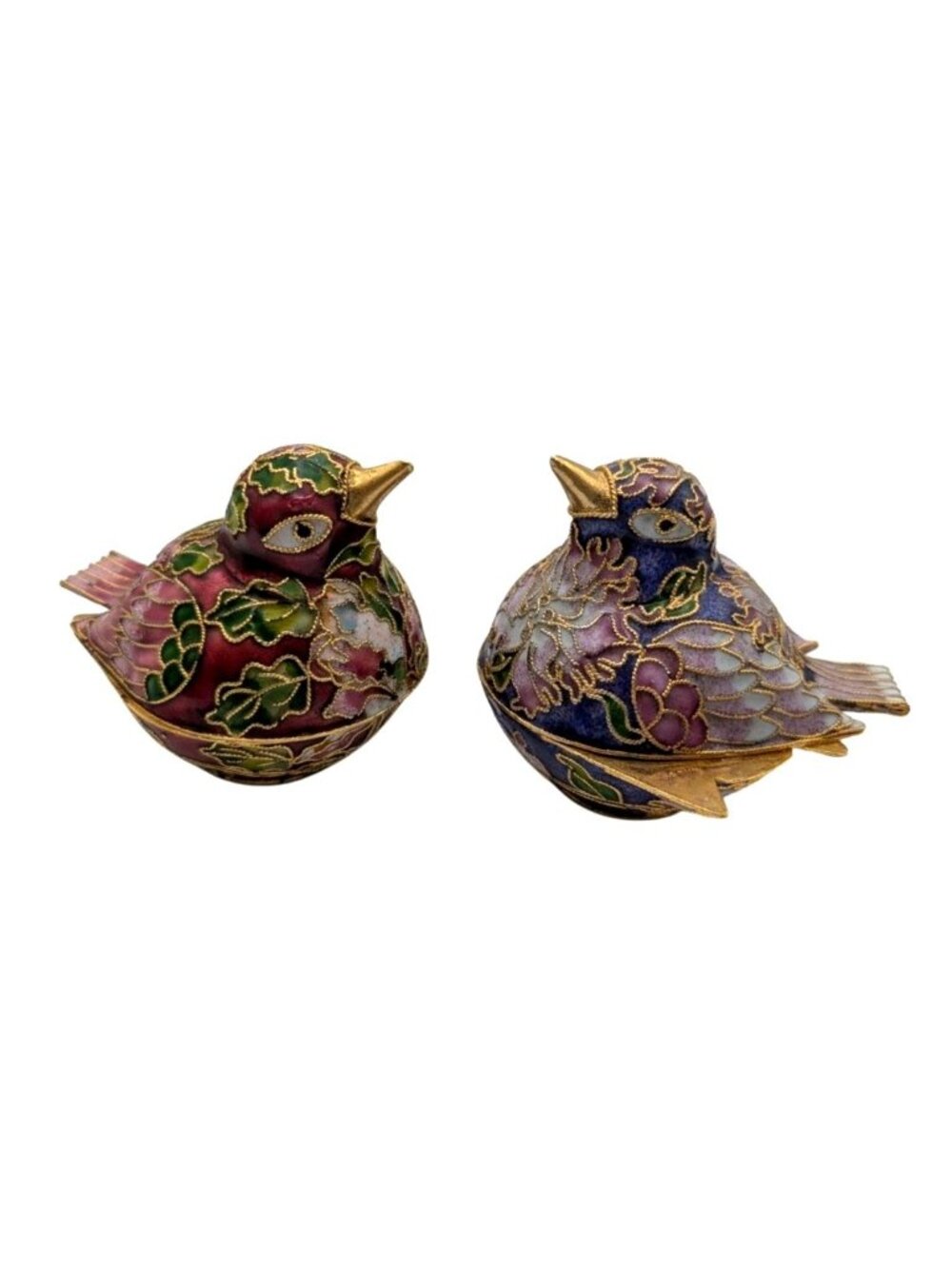 Vtg Pair Of Cloisonné Enamel Bird Trinket Boxes Purple & Red Tones